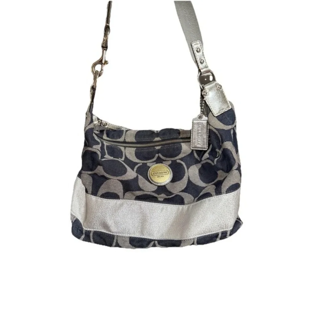 Coach Signature‎ denim Poppy Blue Silver Stripe Canvas Hobo Handbag m F17434